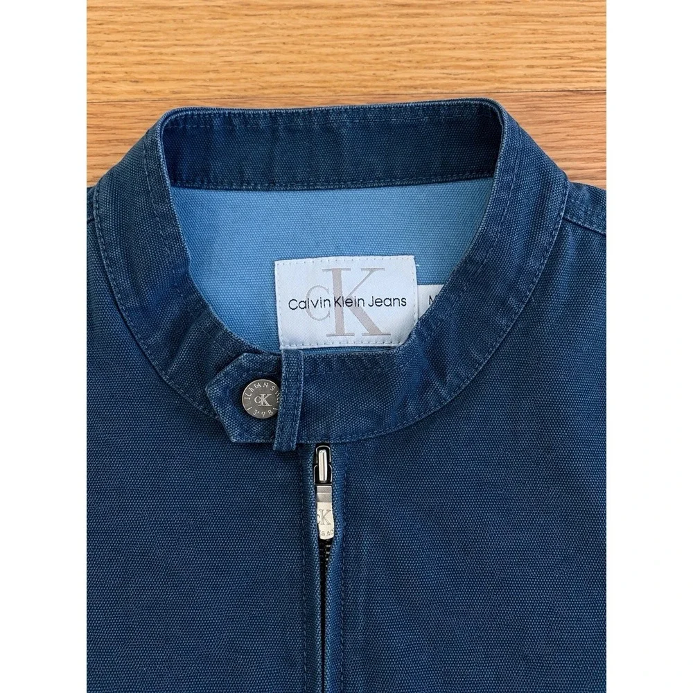 Vintage 90s Calvin Klein Jeans Jacket Mens M Blue Band Collar Full Zip Moto CK